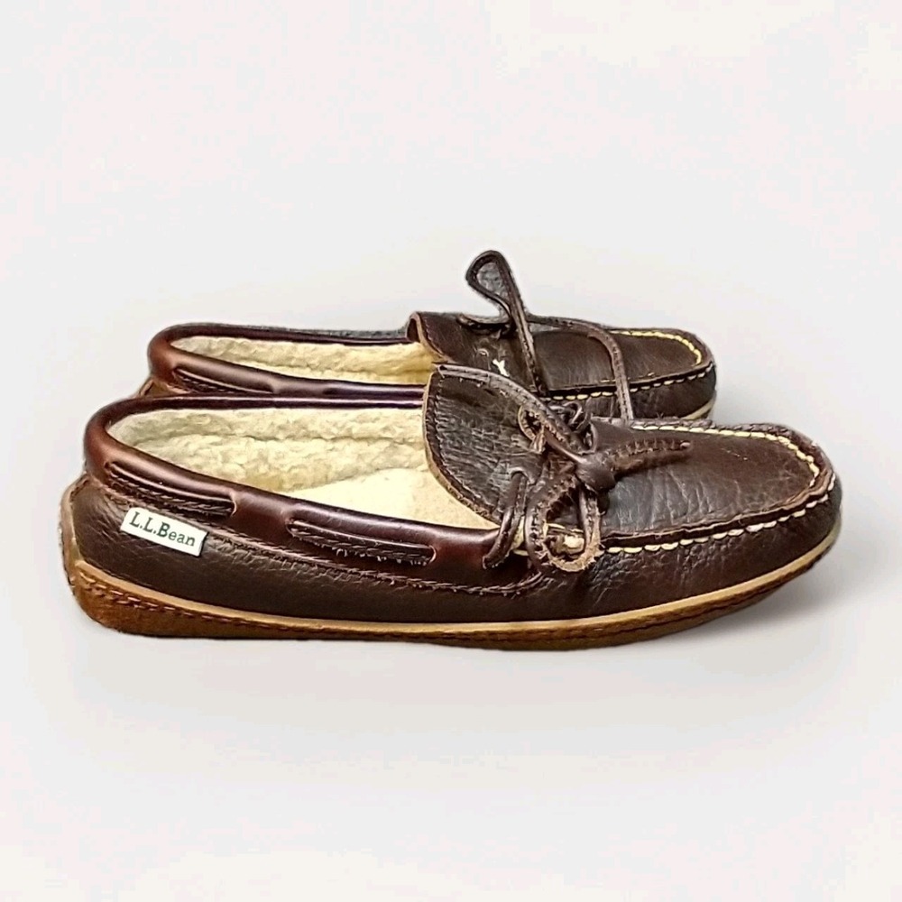 LL Bean Wicked Good Moccasins Womens 6 Brown Leather Shearling Slippers 212985